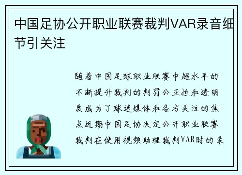 中国足协公开职业联赛裁判VAR录音细节引关注 中国足协公开职业联赛裁判VAR录音细节引关注